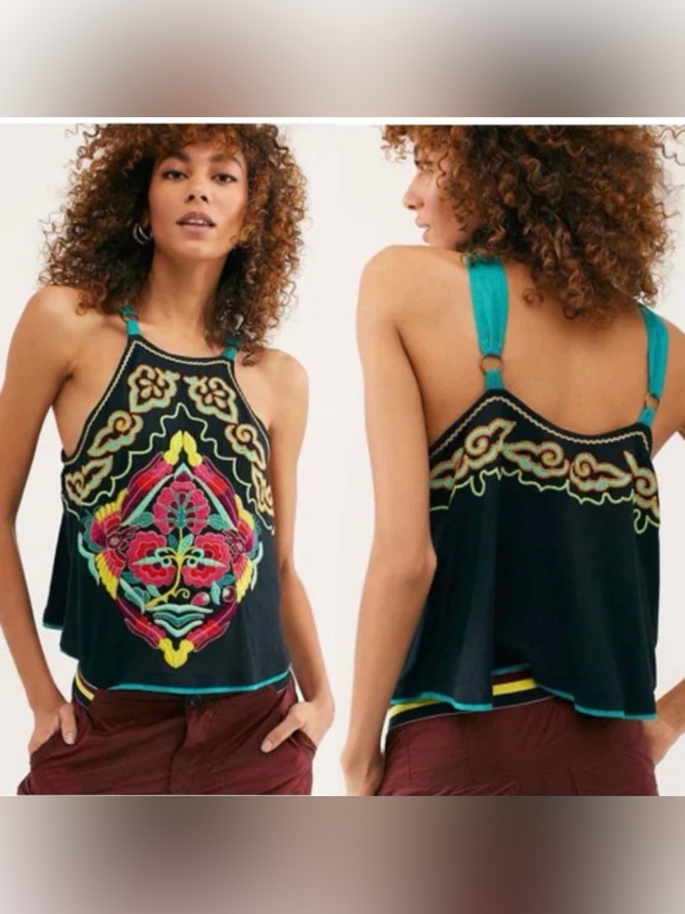 Free People Black Embroidered Halter Tank with Teal Straps